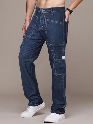 Image of RIG BONE Men's Relaxed Fit Cargo Jeans with Functional Pockets Comfortable High Rise Design Durable Denim Mid Wash Ideal for Casual Wear Travel Outdoor and Urban Adventures