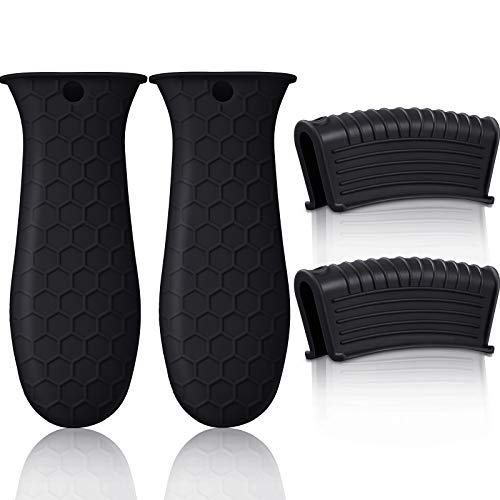 4 Pieces Silicone Hot Handle Holder Pot Holders Cover Silicone Assist Handle Holder Non-Slip Pot Holder Sleeve Heat Resistant Potholder Cookware Handle for Cast Iron Skillet Metal Pan Black