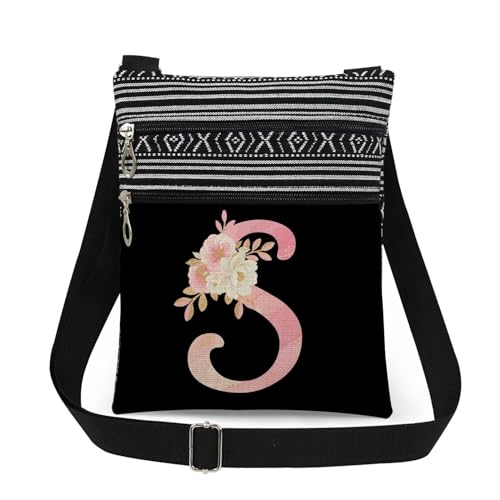 Pink Art Letter S Crossbody Bag Gilded Floral Print with S Letter Messenger Bag Daily Use Adjustable Strap Crossbody Purse Birthday Gift Valentine Present​​ for Adult Bridesmaid Gift