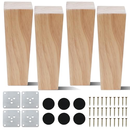 AWBEOT 4 Pezzi 15 cm Gambe per Mobili in Legno Piedini per Mobili in Legno Massello Quadrate Gambe di Ricambio per Mobilî Cabinet Divano Letto Tavolo con Piastra di Montaggio, Pad Antiscivolo e Viti
