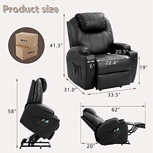 MAGIC UNION Power Lift Recliner Chair Sofa with Massage and Heat Vibration, Electric Lift Chairs Recliners for Elderly Catnap with Remote Controls, Side Pockets and Cup Holders, Faux Leather (Black)