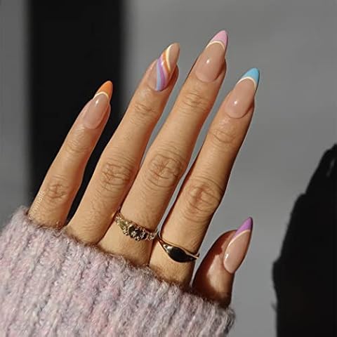 Sethexy Abstrakt Mandelform Falsche Nägel Französisch Press on Nails Swirl Fingernägel 24St Acryl Nägel zum Aufkleben Cover