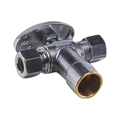 Image of Midline Valve 86324QS-OM-5 Water Supply Angle Stop Valve; Dual Outlet; Quarter Turn Wheel; for Toilet, Sink, Dishwasher; 1 /2'' SWT x 3 /8'' x 3 /8'' Compression; Chrome Plated Brass (5 PK)