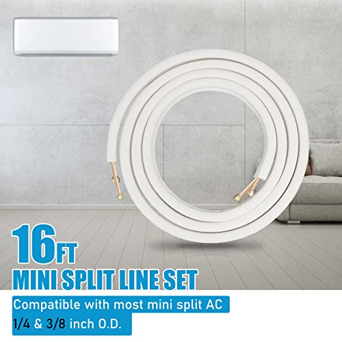 Air Jade 16 Ft. Mini Split Line Set, 1/4 & 3/8 Inch O.d. & 3/8" Pe Thickened Insulated Coil Copper Pipes With Fittings, For Ductless Mini Split Air Conditioning, Heat Pump Systems #TOP5