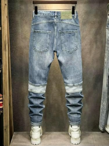 Mens Jeans Retro Blue Spliced Designer Elastic Slim Ripped Jeans Men Vintage Trousers Hip Hop Denim Pants 5