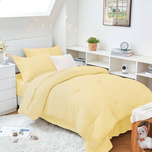 Image of HYMOKEGE Yellow Twin XL Comforter Set Seersucker 5 Pieces, All Season Luxury Bed in a Bag for Bedroom, Bedding Set with Comforter, Sheets, Pillowcase & Sham