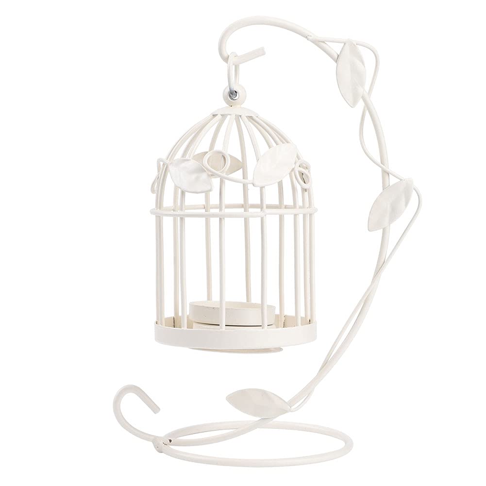 Mokylor Metal Tealight Hanging Birdcage Lantern, Metal Leaves Hollow Out Decorative Birdcage Iron Candle Holder Hanging Lanter for Table Wedding Indoor Outdoor Party Decor(White)