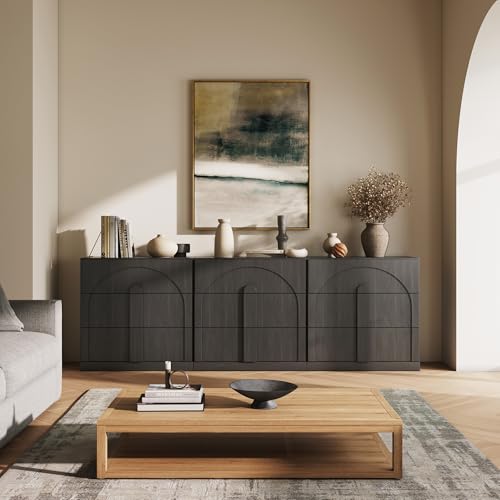 Image of BELLEZE Sideboard Cabinet with 3 Drawers, Set of 3 Modern Wood Buffet Cabinet with Arc Design, Large Fluted Sideboard with Storage for Kitchen Living Room Entryway, Ebony