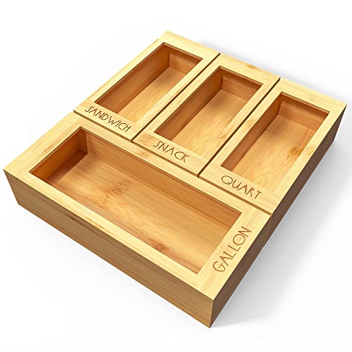 DALSHABET Bamboo Storage Bag Organizer, 4 Separate Food Storage Bags, 12x14 Baggie Organizer Dispenser for All Brands Gallon, Snack, Sandwich & Quart Slider Bags Beige