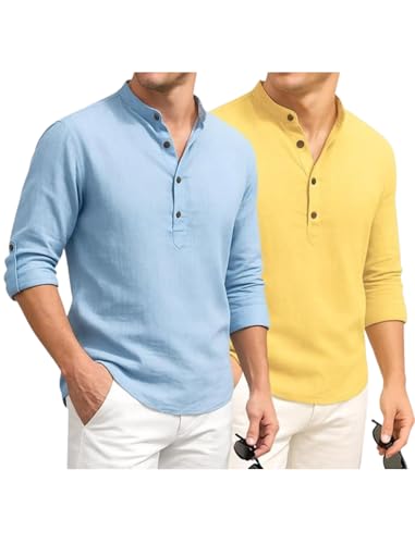 Image of DEEMOON Combo of Men's Cotton Blend Solid Regular Fit Full Sleeve Short Kurta | Men's Trendy Short Kurta Pack of 2 (Available in Plus Size & Combo Packs)