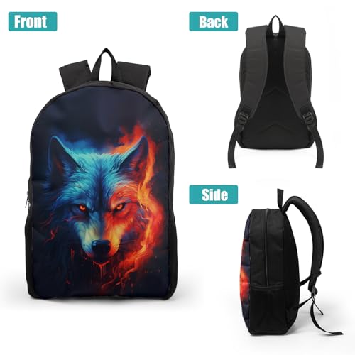 Nerxy Wolf School Backpack Set 3 Pcs, Red Blue Animal Printed School Bags Shoulder Bookbag with Lunch Box Pencil Holder 3 in 1 for Elementary Middle High Students Teenager Girls Boys3