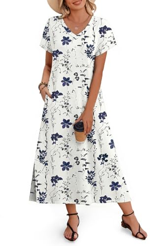 Image of Zeagoo Women Summer Floral Dress Short Sleeve Beach Dress with Pockets Casual V-Neck Split Long T-Shirt Dress Travel Vacation
