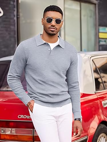 Image of TYSORT Men's Knitted Polo Sweater Casual Full Sleeve Pullover Sweater with Button Collar
