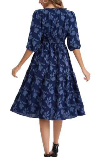 Image of Kormei Women Casual Boho Floral Round Neck 3 /4 Sleeve Smocked Waist Tiered A Line Flowy Swing Midi Dress Long Dresses