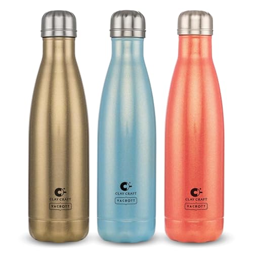 Image of Clay Craft Vacbott Stark Sparkle Double Walled|18 Hours Hot and 24 Hours| Cold Water Bottle Vacuum Insulated Flask Bottle|500 ml,3 Piece, Water Bottles for School, Home, Gym, Leakproof