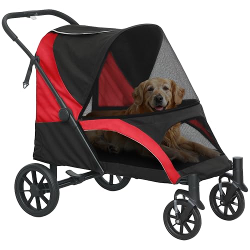 PawHut Passeggino pieghevole per cani e gatti di grossa taglia fino a 30 kg, con cuscino, finestra a rete, portaoggetti, carrello per gatti con guinzaglio di sicurezza, freni, passeggino nero