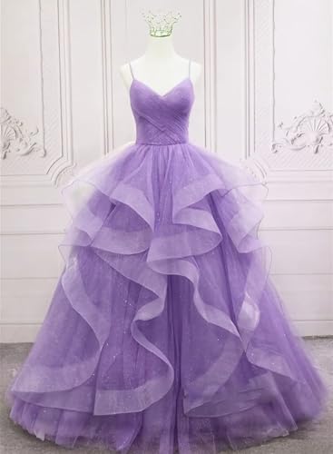 Glitter Tulle Prom Dresses Spaghetti Straps Ball Gowns for Women Puffy Tiered Formal Evening Party Dress2