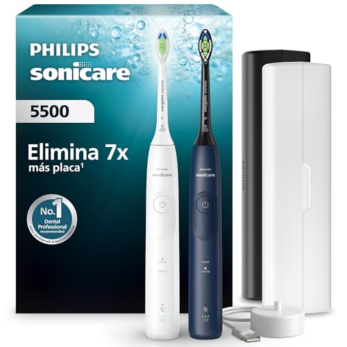 Philips Sonicare 5500 cepillo dental eléctrico, sónico con 2 modos, alerta de presión, EasyStart, SmarTimer, blanco y azul marino, paquete de 2, modelo HX7119/01 [Nueva Tecnología]