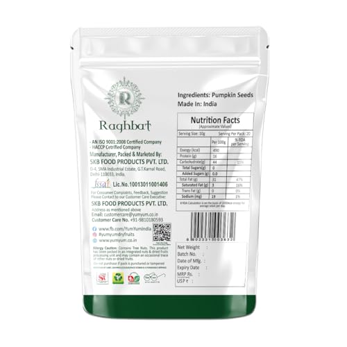 Image of Raghbat Pumpkin Seeds, 200g, Rich in Protein, Dietary Fibre, Magnesium & Phosphorus, Raw & Unroasted Pumpkin Seeds, Source of Iron & Zinc, Handpicked Seeds, Resealable Pack
