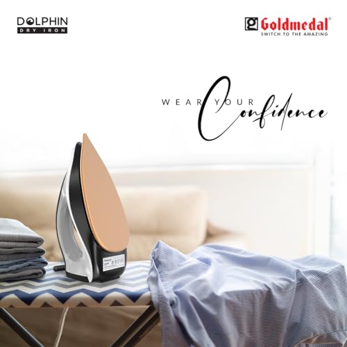 Image of Goldmedal Dolphin 1100W Dry Iron| Non-stick Weilburger Premium Coated Soleplate | iron for clothes | 5 Fabric Setting| Broad Base for Hot zone Protection | Shock-Proof Body (Cool Grey- Black)