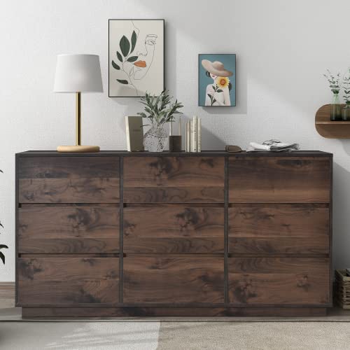 Estefanlo Mid-Century Modern 9 Drawers Dresser,Dark Brown
