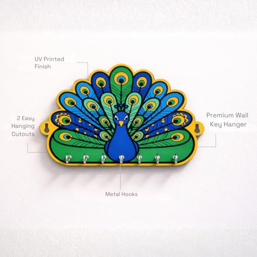 Image of Holder for Home Decor Stylish | Key Hangers for Wall | Wooden Key Stand for Wall (7 Hooks, Peacock)