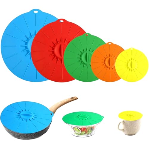 Silikondeckel Schüssel Bunt, Wiederverwendbar Silikon Deckel Universal, Silikondeckel Joghurtbecher Staubdicht, Abdeckhauben für Lebensmittel in 5 Größen, Passen Alle Rund Container Flacher Rand