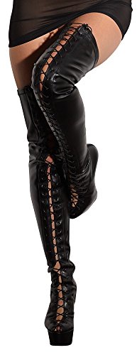Cotelli Collection Stiefel - verführerische Overknee-Stiefel mit Schnürung, High-Heels-Stiefel in Leder-Optik für Frauen, schwarz