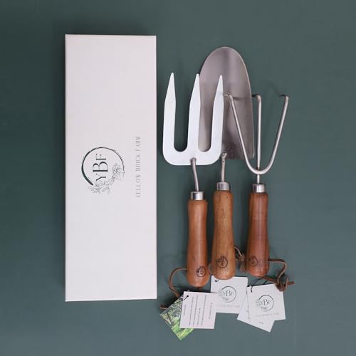 Yellow Brick Farm 3Pcs Gardening Tool Set (Trowel + Fork + Rake) with Wooden Handles and Stainless-Steel Head