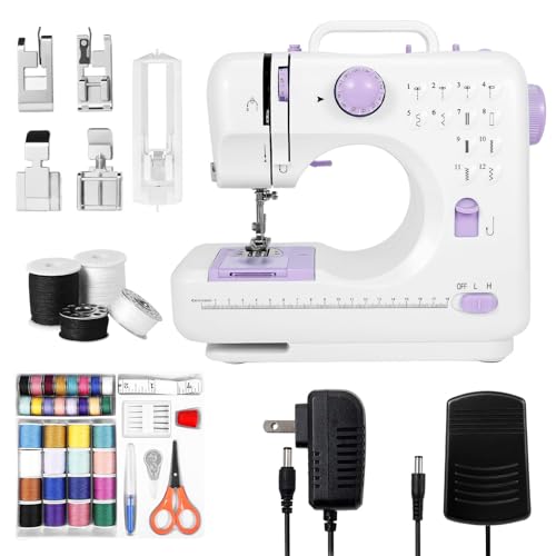Sewing Machine for Beginners with 12 Built-in Stitches, 2 Speed Foot Pedal, LED Light, 32 colors Sewing Thread Kit, Mini Electric Sewing Machine for Kids and Adults, Home Mending & Crafting