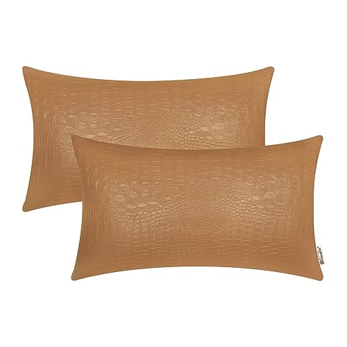 BRAWARM Faux Leather Pillow Covers 12 X 20 Inches, Tan Leather Pillow Covers Pack of 2, Crocodile Leather Decorative Lumbar Throw Pillows for Living Room Couch Bed Sofa Home