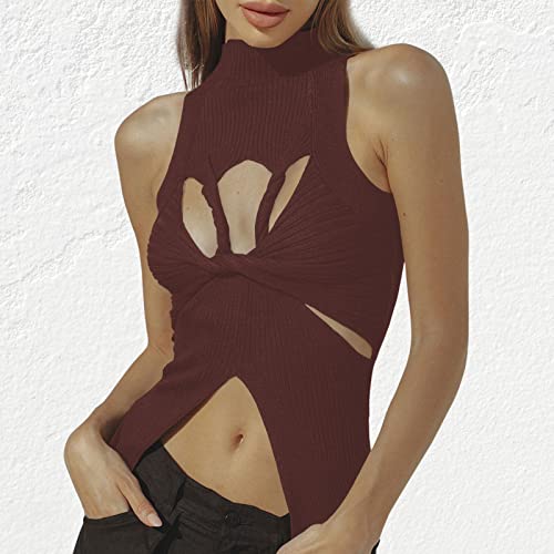 Image of Women Strapless Crop Top Sexy Hollow Out Twist Front Knitted Tank Tops Sleeveless Y2K High Neck Cut Out Sweater Vest