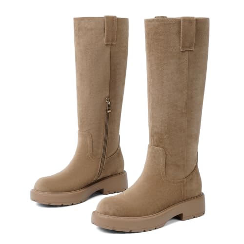 Image of VIUGJNEX Knee High Boots Women Low Heel Flat Chunky Fall Tall Riding Boots