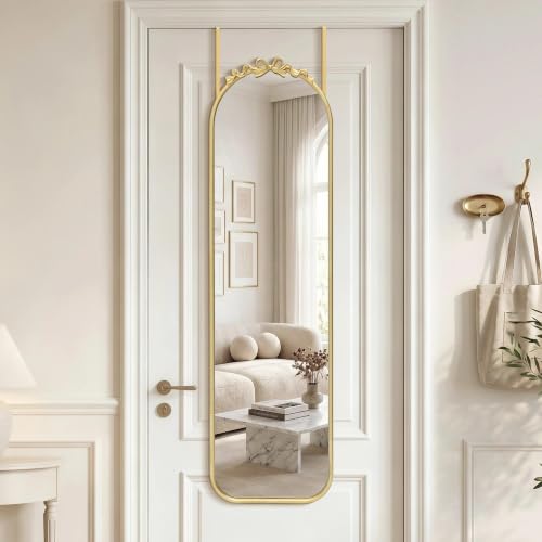 Image of Besdomus Door Mirror Full Length: 14 inchx50 inch Gold Bow Over The Door Hanging | French Antique Baroque Metal Framed - Traditional Ornate Full Body for Girls Bedroom /Cloakroom /Living Room - Ideal for Girl