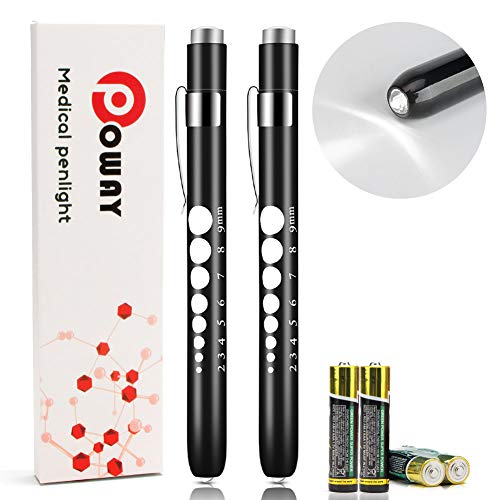 Opoway Nurse Penlight with Pupil Gauge LED Medical Pen Lights for Nursing Doctors Batteries Free, Black 2ct.