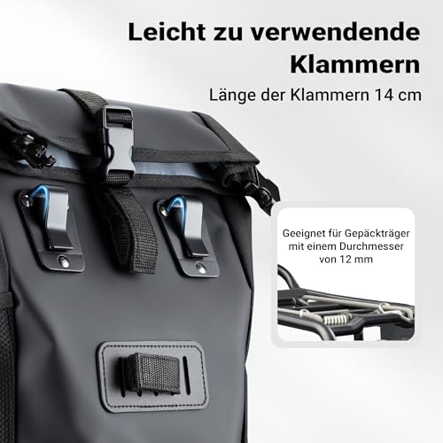 Wiltec Gepäckträgertasche matt schwarz, Fahrradtasche Gepäckträger 16 l Stauraum, Gepäcktasche mit Tragegurt, wasserresistente Fahrrad Tasche