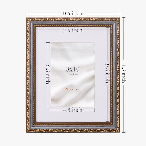 Image of eletecpro 8x10 Vintage Picture Frame, Glass Cover, Blue Gold, 2-Pack | Display Photo 5x7 with Mat or 8x10 without, Horizontal or Vertical, Tabletop or Wall Decor