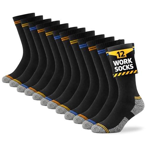 HyFRESH 12 Pairs Mens Work Socks - Thick Work Socks Mens 6-11 Heavy Duty - Thermal Work Boot Sock Multipack - Breathable, Durable, Comfortable Cotton, Reinforced Toe & Heel - Multicolour