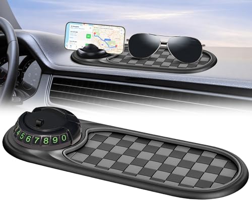 Sparkalyn Multifunction Car Anti-Slip Mat, Rotatable Anti Skid Car Dashboard Pad with Temporary Parking Numbe, Universal Car Phone Holder, and Large Pad for Phones Sunglasses Keys Gadgets (Black)