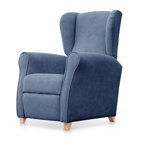 SUENOSZZZ-ESPECIALISTAS DEL DESCANSO Sillón Relax orejero Irene reclinable con Patas de Madera, Relax nórdico tapizado en Tela Antimanchas Azul