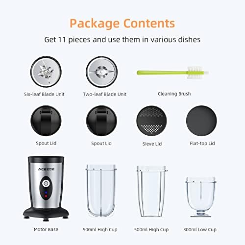 Blender Smoothie Maker, Acezoe 5 in 1 Smoothie Blender, One-button Start, with 6-leaf Stainless Steel Blade & 2x500ml Portable Bottle & 300ml Grinding Cup, for Juice, Smoothie, Shakes and Baby Food