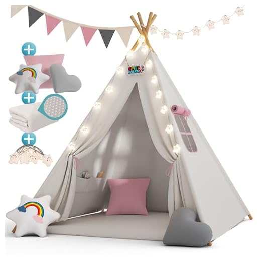 Spielwerk® Tipi Zelt für Kinder Indoor 130x130cm Set mit Bodenmatte Beige Rosa Kinderzelt Lichterkette Girlande Kissen Spielzelt Baumwolle Holz Tasche
