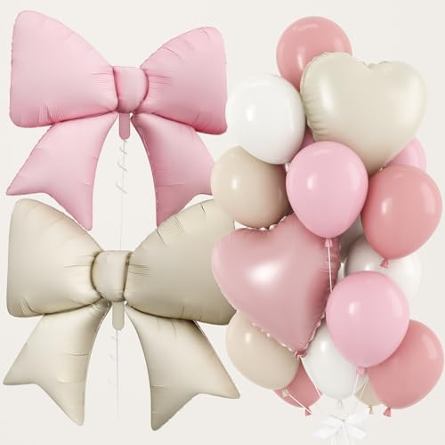 38 Inch Pink Beige Bow Heart Balloons Pastel Baby Dusty Pink Cream Sand White Latex Balloons Giant Bows Helium Foil Balloon 18 Inch Heart Shaped Balloon for Girls Women Birthday Engagement Party