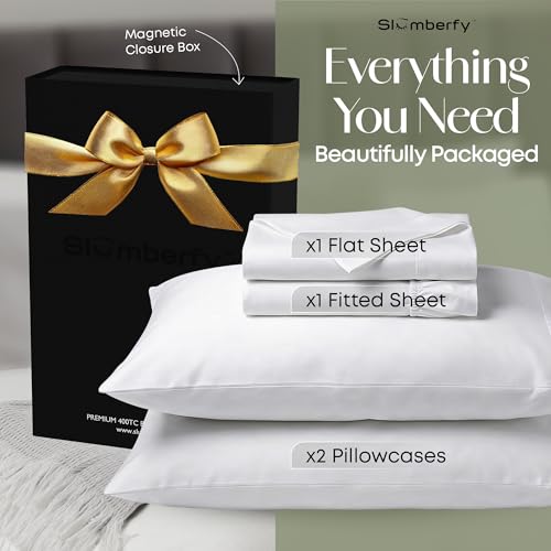 Image of Slumberfy 4-Piece 400 TC Viscose Derived from Bamboo Sheets, Cal-King Size - 1 Fitted, 1 Flat, 2 Pillow Cases - Deep Pocket Cooling Viscose-Bamboo Bed Sheets in Magnetic Closure Gift Box, White