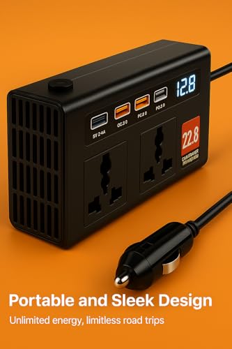 Image of Fire Turtle 7in1 200 Watt Car Laptop Charger Fast Charging /Power Car Inverter Portable,12V DC to 220V AC Socket Converter2 USB (3A & 2.4A) + 2 Type-C (30WPD & 2.4A) for Laptop, Mobile & Others (7in1)