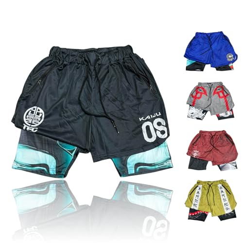 CROWN Anime Shorts - Breathable Stretch Compression Gym Short with Pockets and Towel Holder (L-BlackKai8)