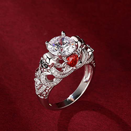 Image of Jeulia 2.55ct Skull Engagement Ring Sets Sterling Silver Heart Cut Red Diamond Ruby Rings Cubic Zirconia Wedding Promise Anniversary Romantic Jewelry for Women Grils Bridal with Gift Box