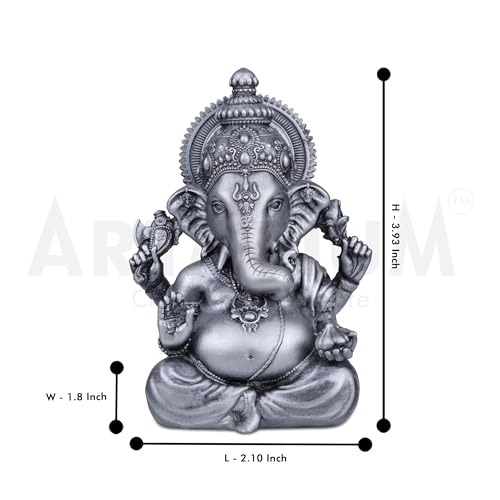 Image of Artarium Small Vighnaharta Ganesha Idol Murti, Vinayaka Sitting Statue Ganapati for Car Dashboard, Puja Ghar, House Warming, Unique Wedding & Birthday Gift, Sculpture - Silver