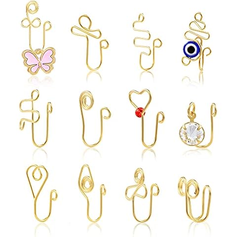 12 Pcs Nose Cuffs for Non Pierced Nose | Real Gold Plated Clip On Fake Piercing Nose Cuff for Women Cover