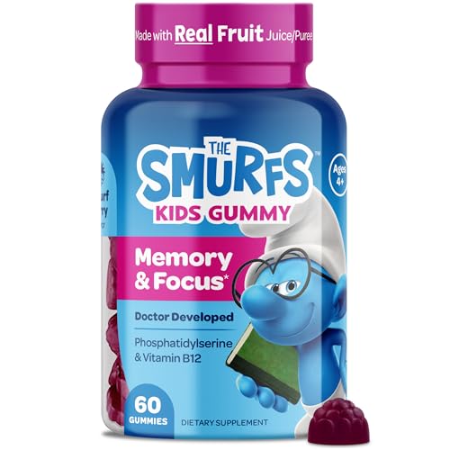 The Smurfs Nootropic Gummies for Kids with Vitamin B12 & L-Theanine | Laser Focus Gummies for Focus and Memory Supplements | Made with Real Fruit in a Smurf Berry | Doctor Developed | 60 Vegan Gummies